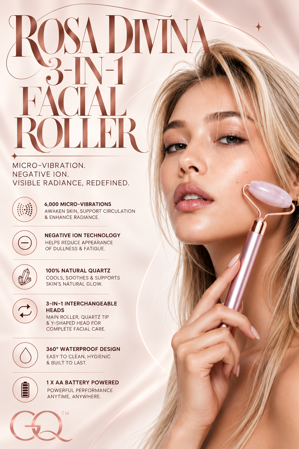 GLOWNIQUE Rose Quartz Facial Roller | Artisanal Luxury Tool
