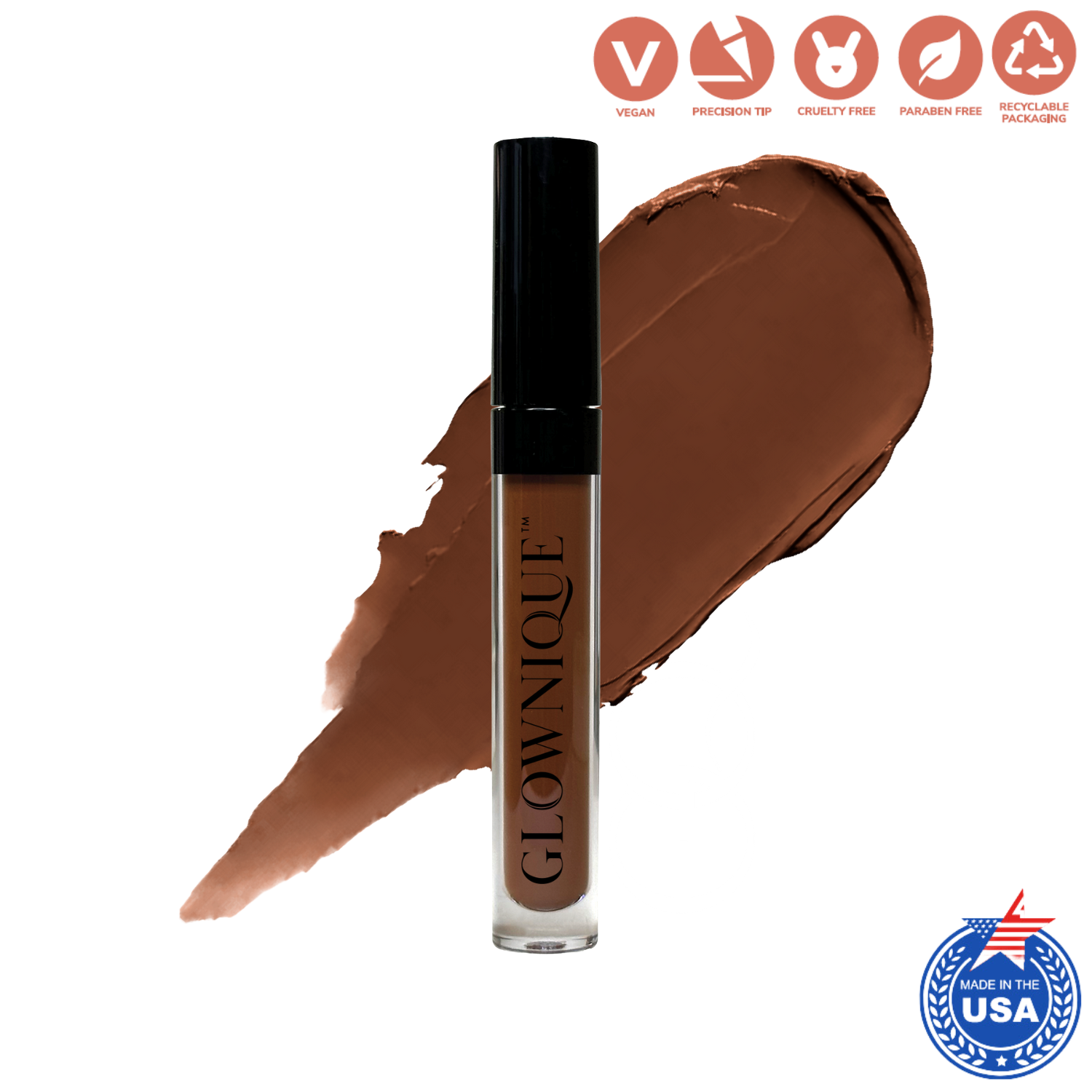 Indulge in the luxurious GLOWNIQUE Liquid to Matte Lipstick, a vegan formula that envelops lips in velvety softness, redefining elegance with every application.