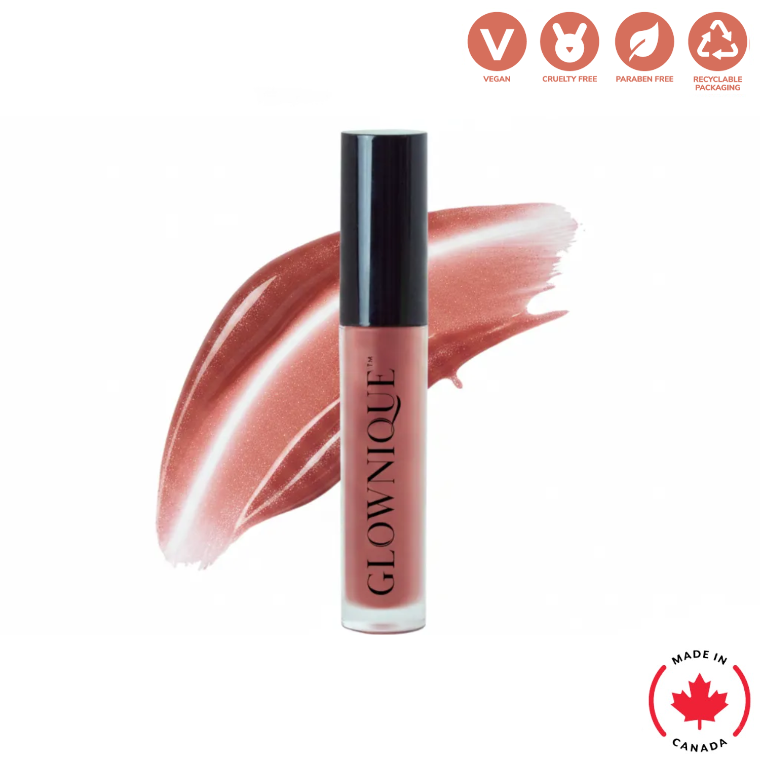 Indulge in the luxurious GLOWNIQUE Lip Gloss in Warm Rose, a vegan masterpiece that enhances your natural allure with a glossy finish and refined elegance.