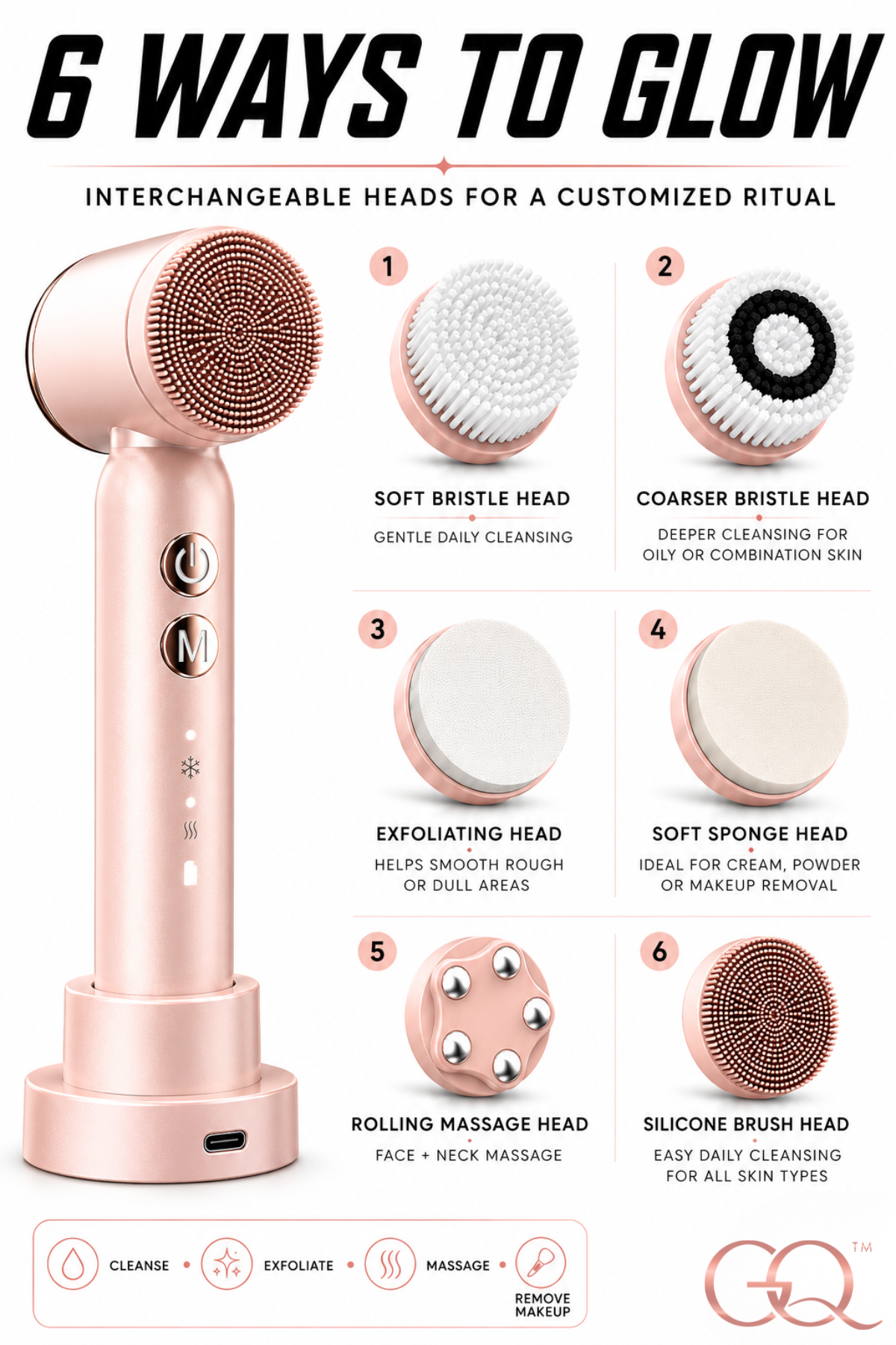 GLOWNIQUE Venezia 6-in-1 Facial Brush | Couture Cleansing Tool